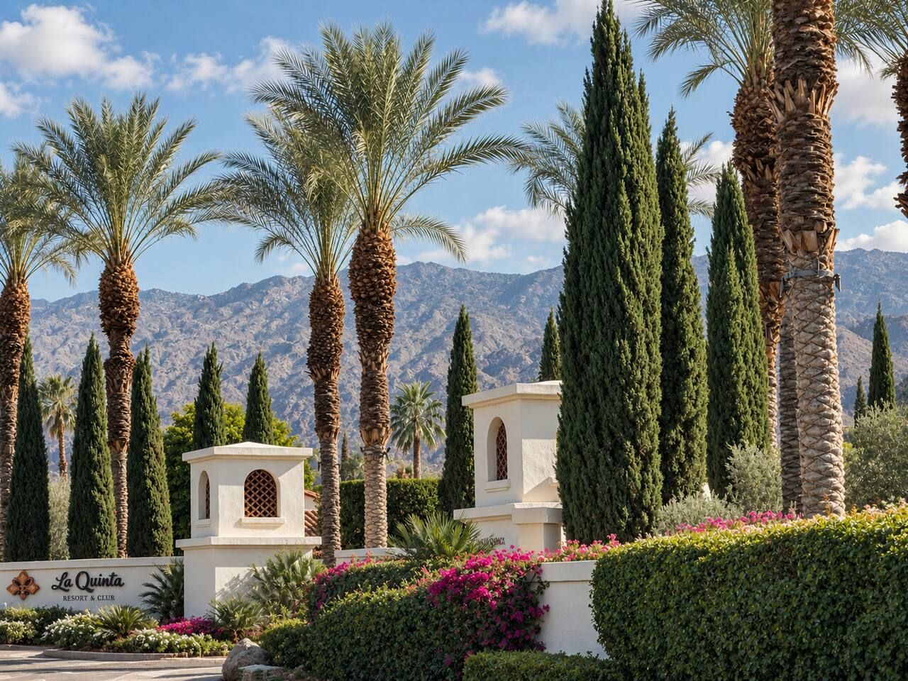 Un complexe hôtelier bordé de palmiers et de cyprès, avec une chaîne de montagnes en toile de fond.