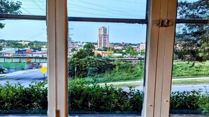 A view through a window with a cityscape in the background, including a tall building and a bridge.