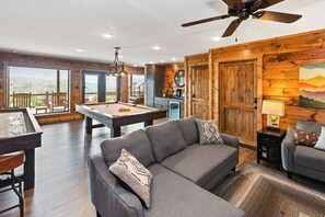 Smart TV, fireplace, video games, DVD player