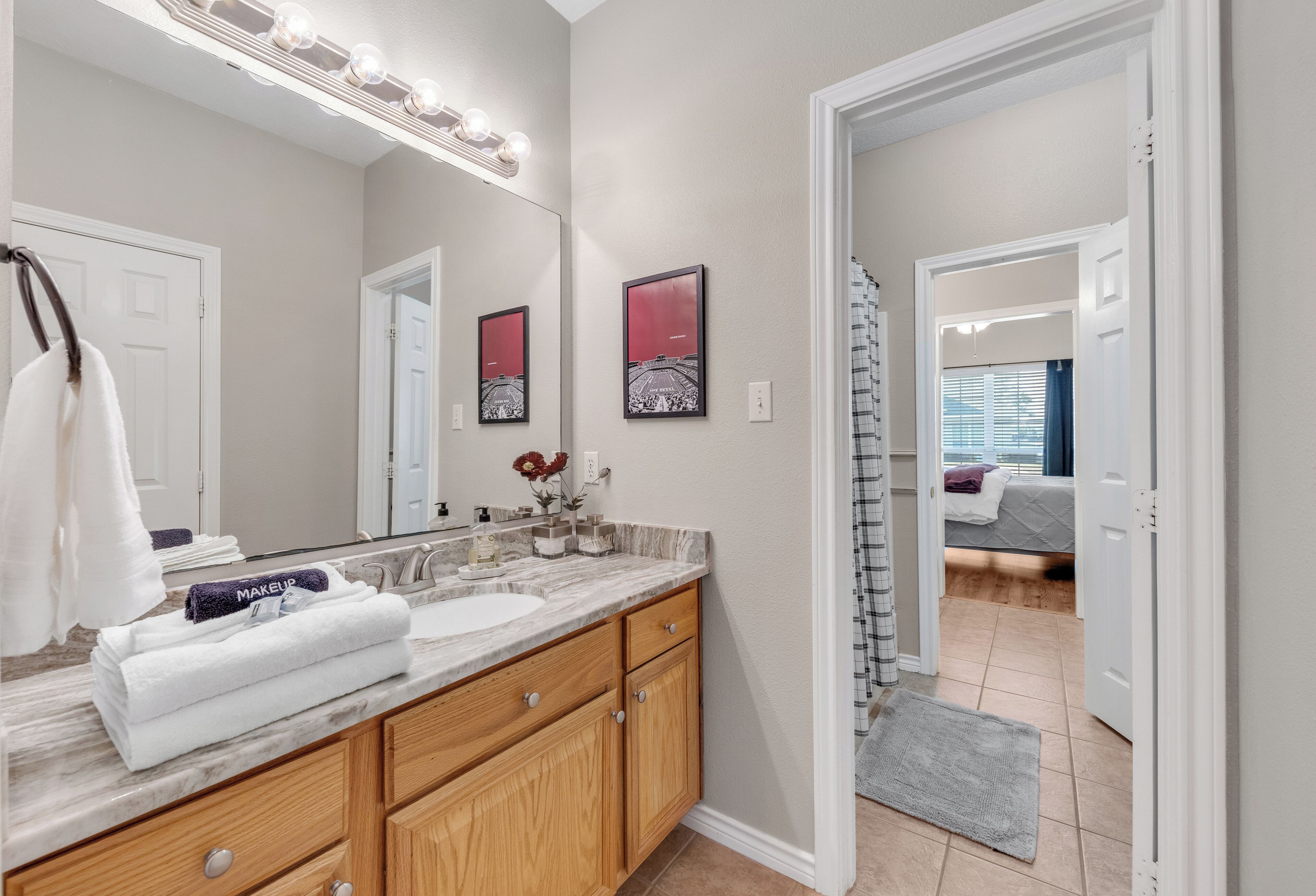 Combined shower/tub, hair dryer, towels, soap