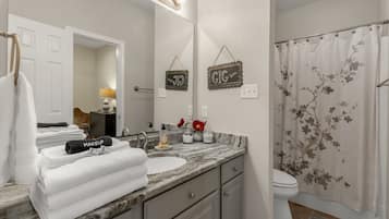 Combined shower/tub, hair dryer, towels, soap