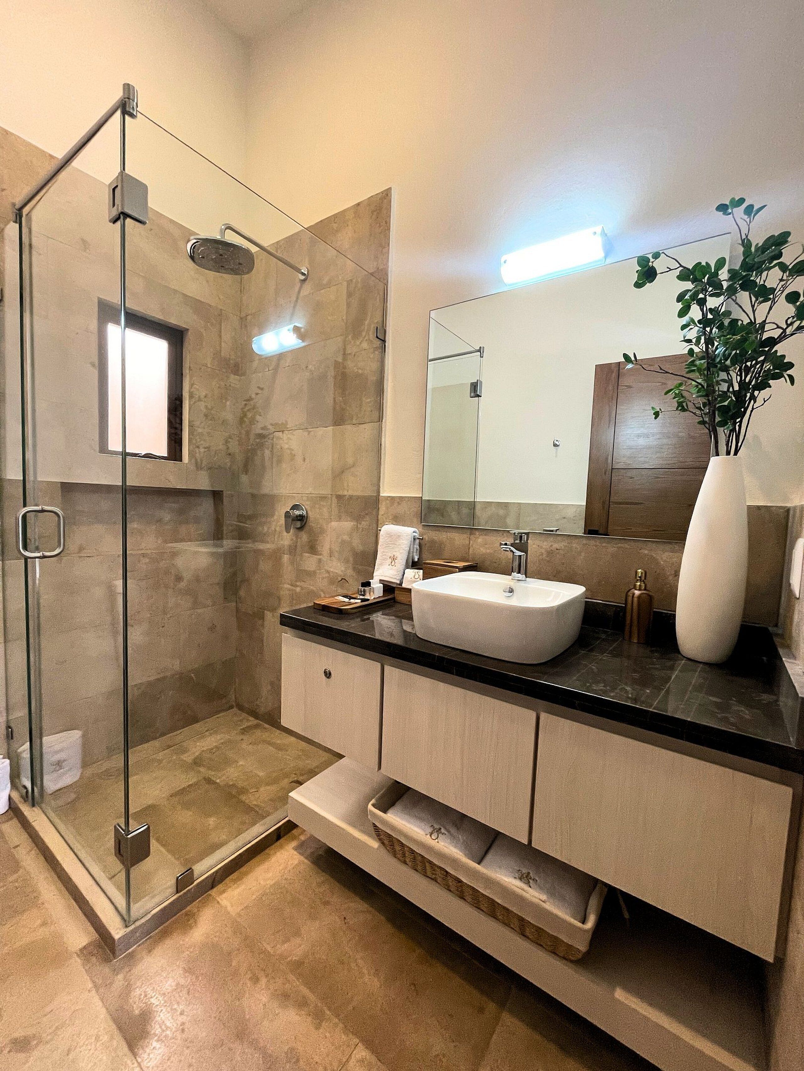 A modern bathroom with a glass-enclosed shower, a large mirror, and a white sink.