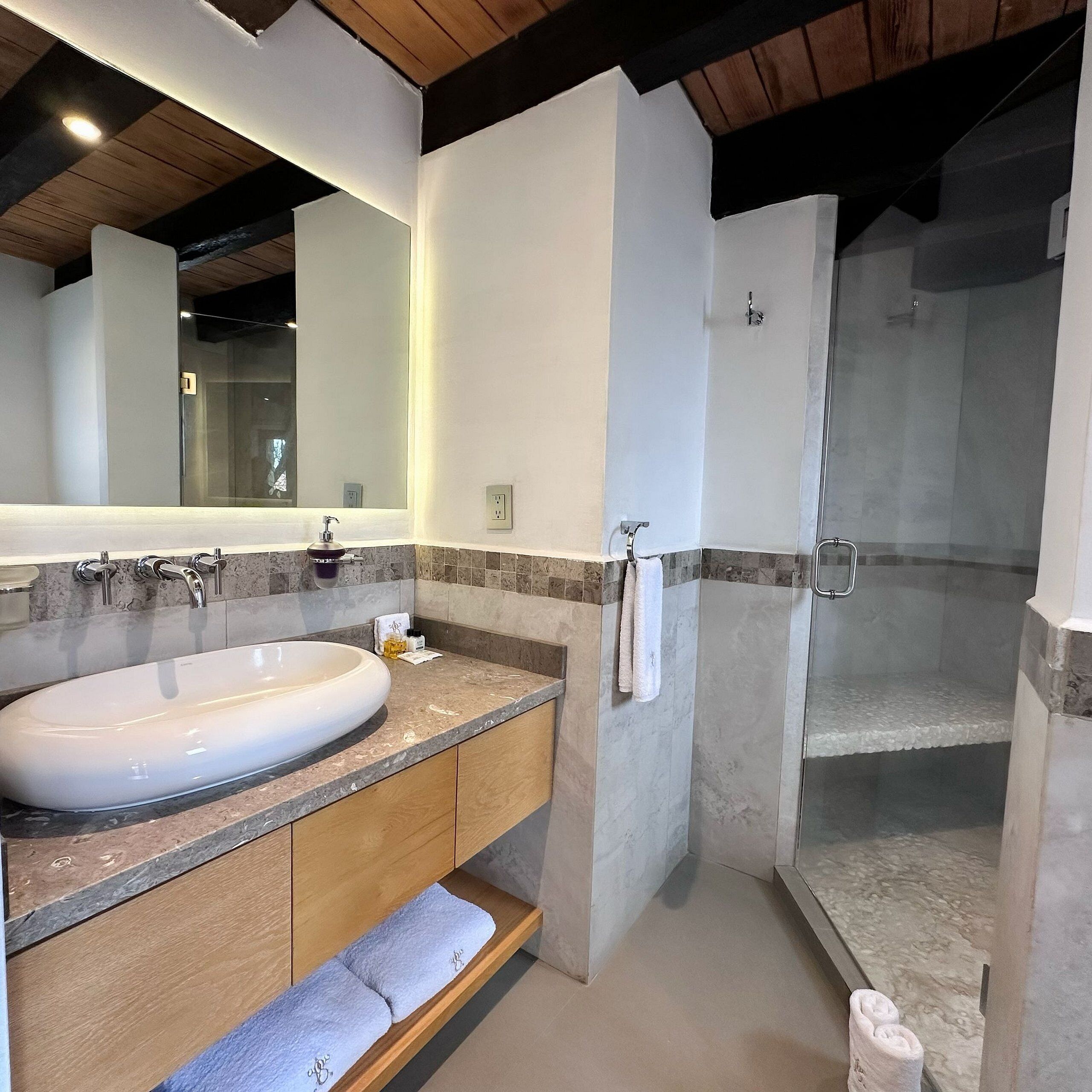 Une salle de bain moderne avec un grand lavabo ovale, un miroir, une douche et des meubles en bois.