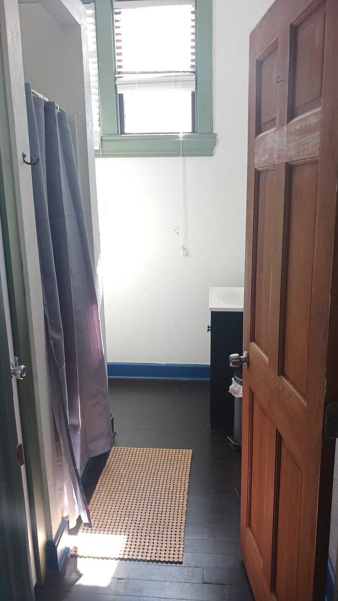 Un pasillo estrecho con una puerta de madera a la derecha, una ventana con persianas, un cubo de basura pequeño y un felpudo en el suelo.