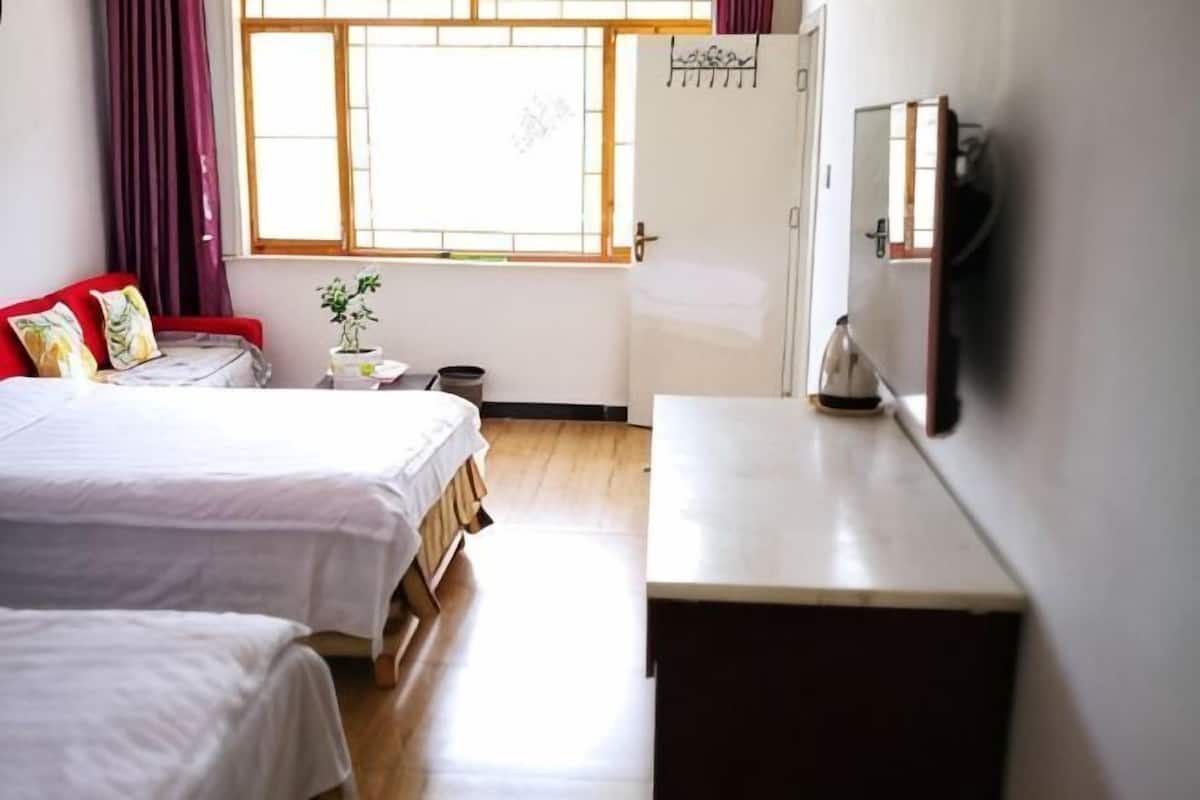 Habitación de hotel con dos camas, un escritorio, una ventana con cortinas, una mesita con una planta y un espejo en la pared.