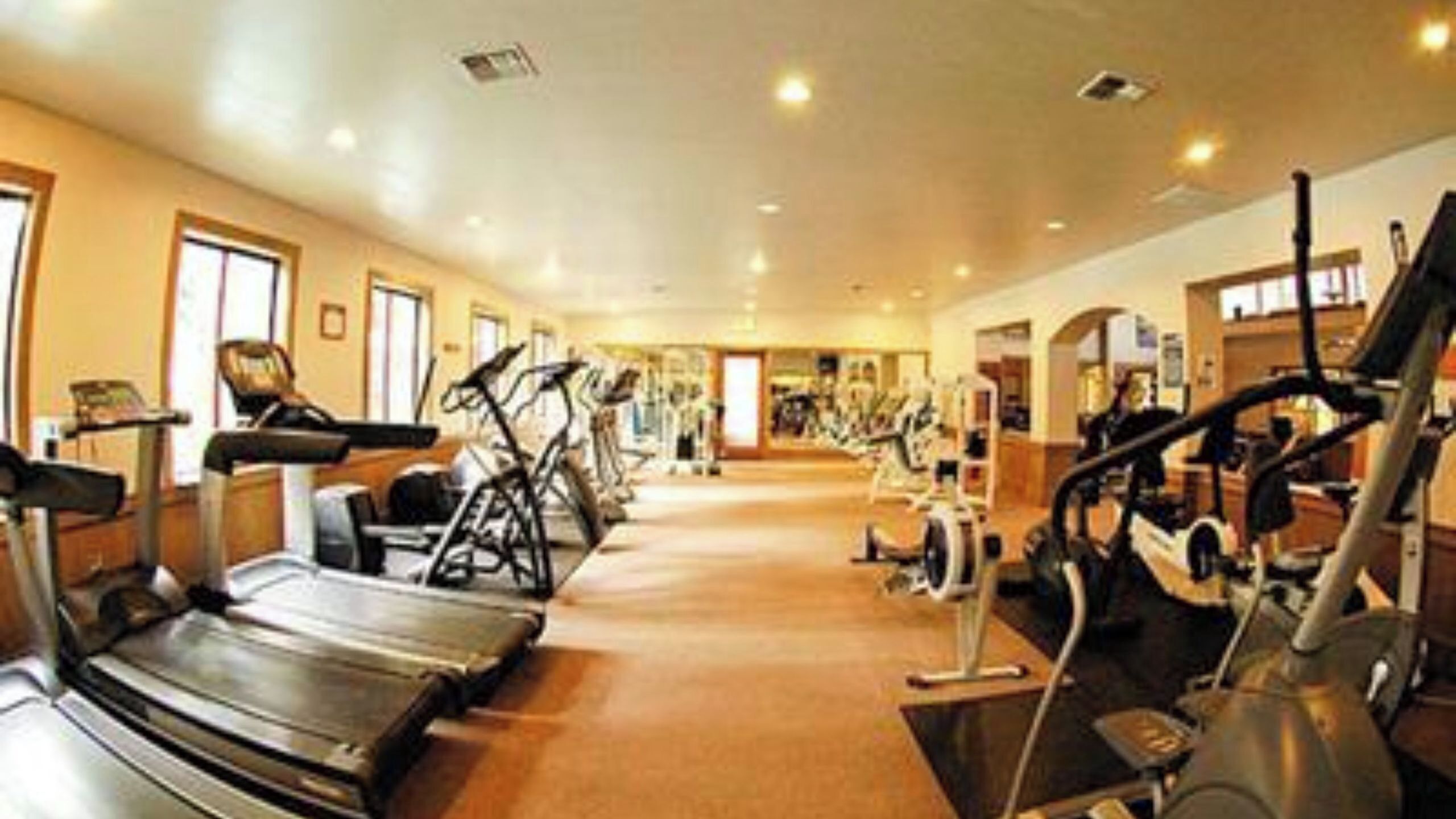 A gym with treadmills, stationary bikes, and various exercise equipment.