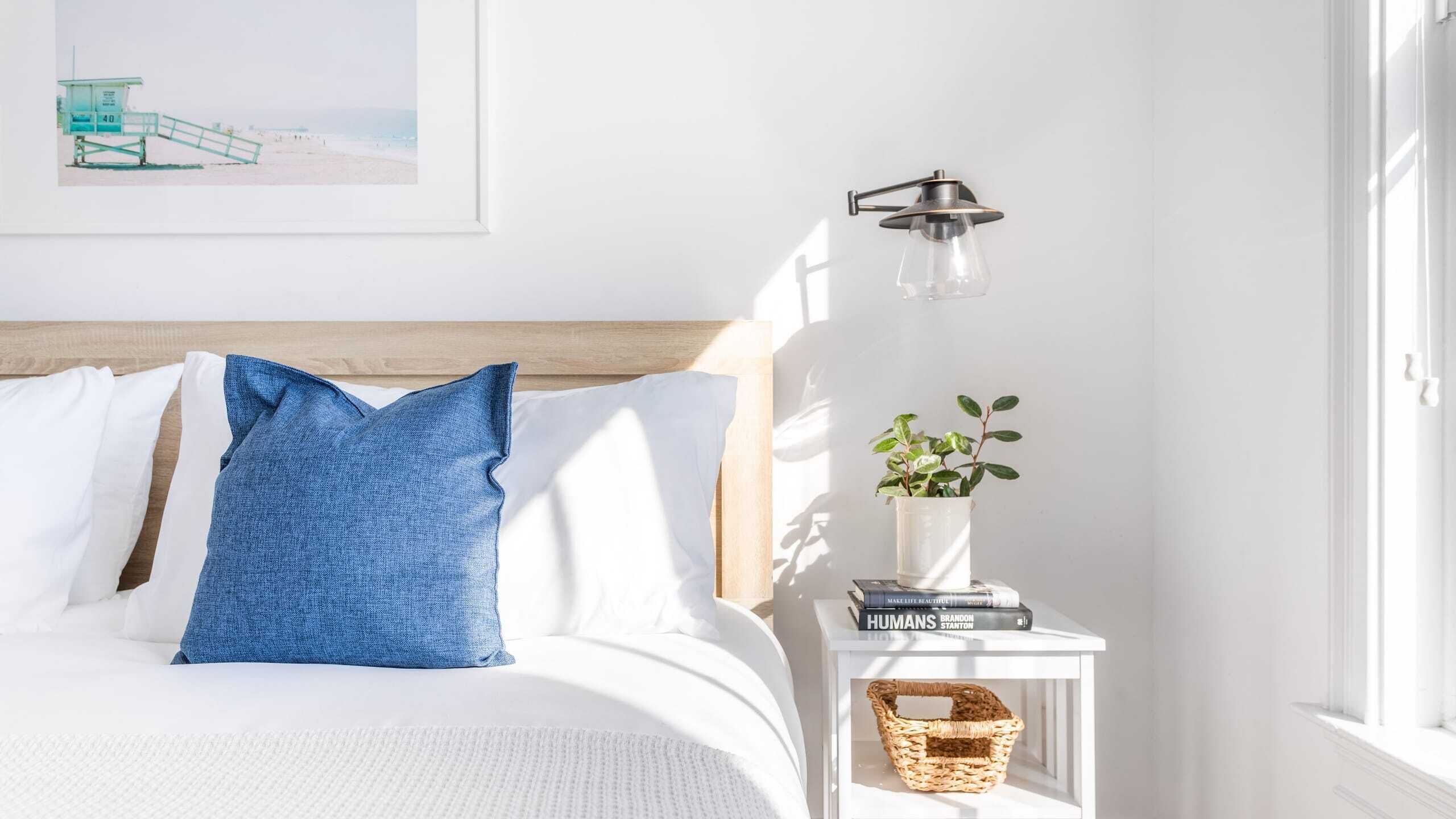 A neatly made bed with white and blue pillows, a bedside table with a plant and books, and a wall-mounted lamp.