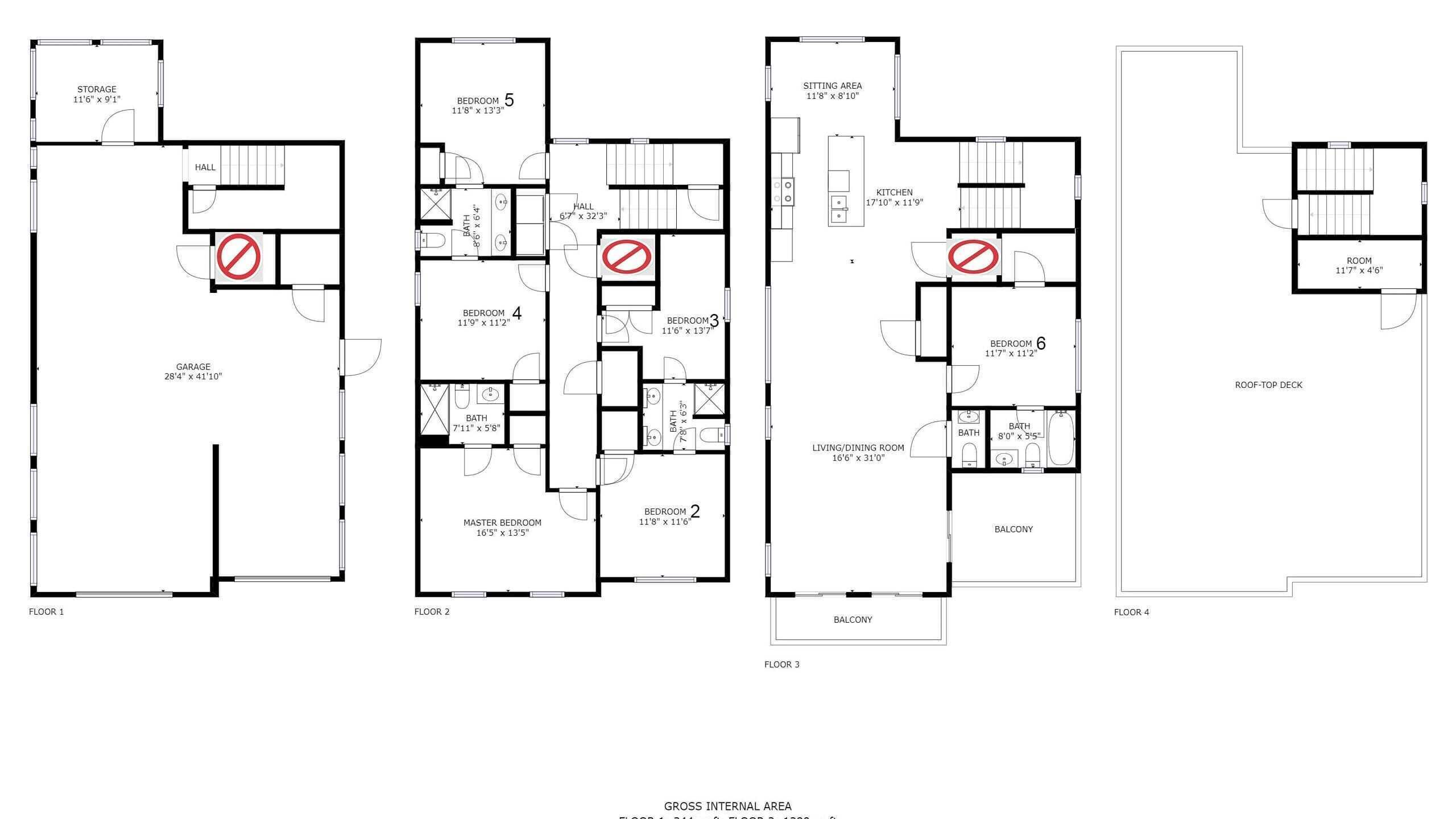 Plano de planta de un edificio residencial de varios pisos, con tres dormitorios, dos baños, sala de estar/comedor, cocina, balcón y garaje.
