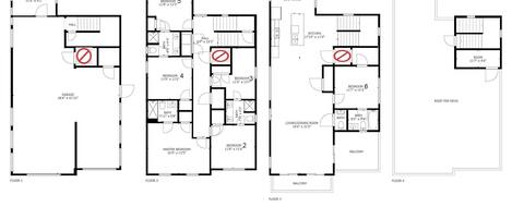 Plano de planta de un edificio residencial de varios pisos, con tres dormitorios, dos baños, sala de estar/comedor, cocina, balcón y garaje.