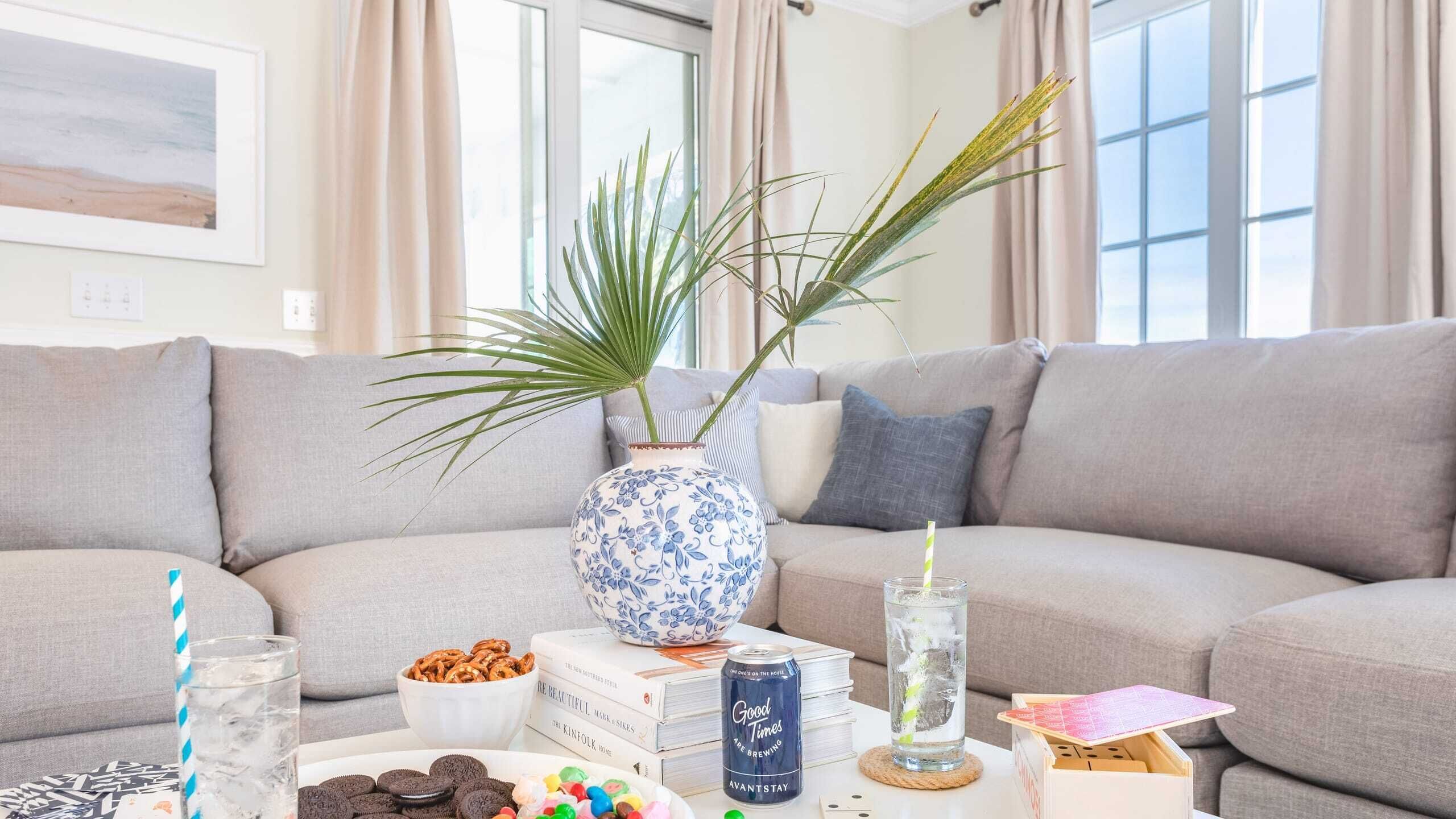 Un salon avec un canapé gris, un vase blanc orné de motifs floraux bleus, une plante en pot, un verre d’eau, une canette de bière, un bol de biscuits et une pile de livres.