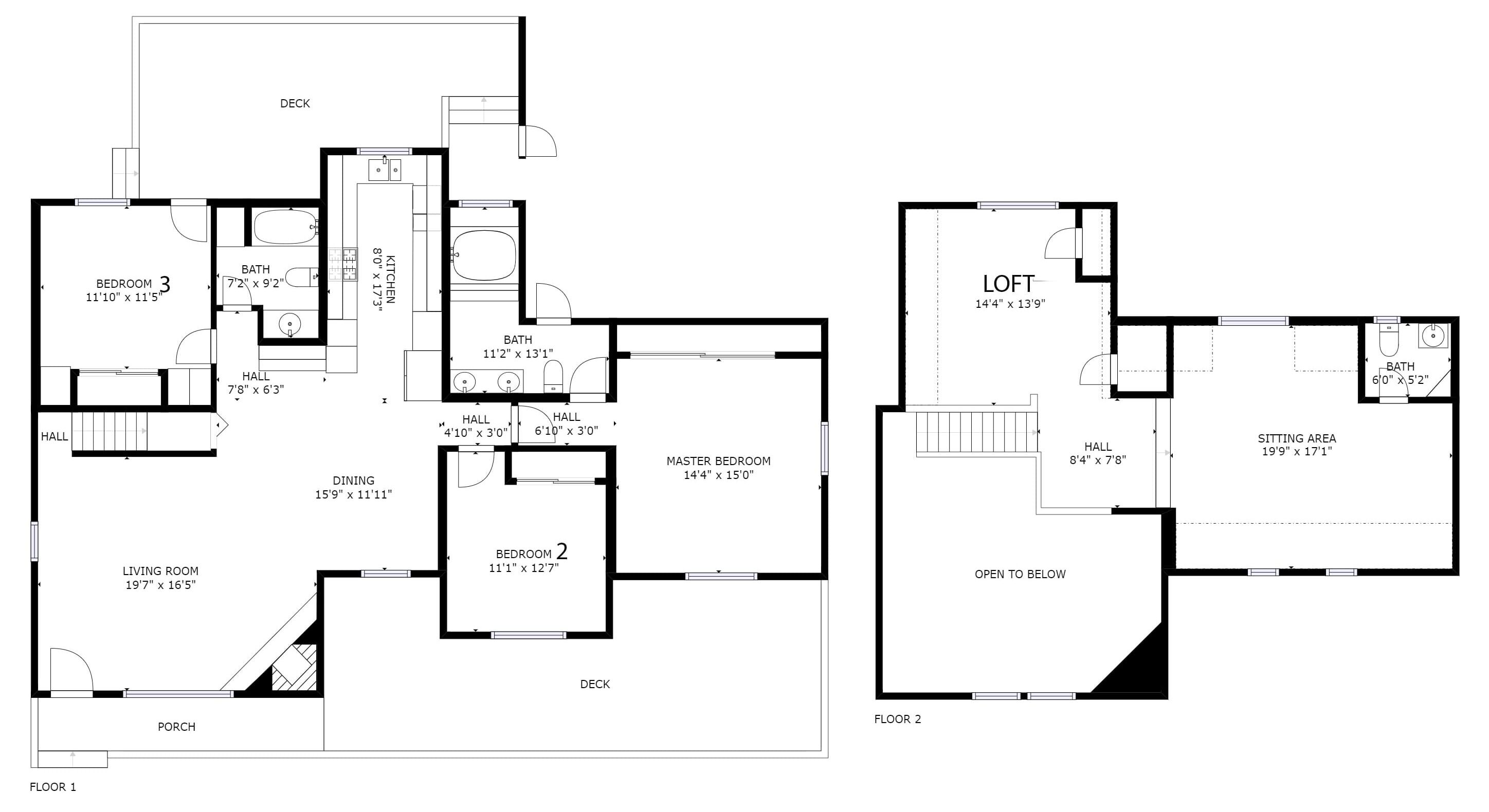 Plano de planta de un hotel de dos pisos, que incluye una habitación principal, dos habitaciones estándar, una sala de estar, comedor, cocina, dos baños, un área de descanso y un porche.