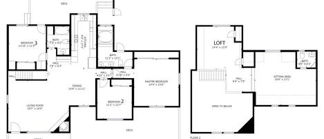 Plano de planta de un hotel de dos pisos, que incluye una habitación principal, dos habitaciones estándar, una sala de estar, comedor, cocina, dos baños, un área de descanso y un porche.