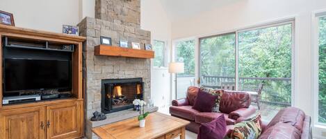 55-inch flat-screen TV with digital channels, TV, fireplace