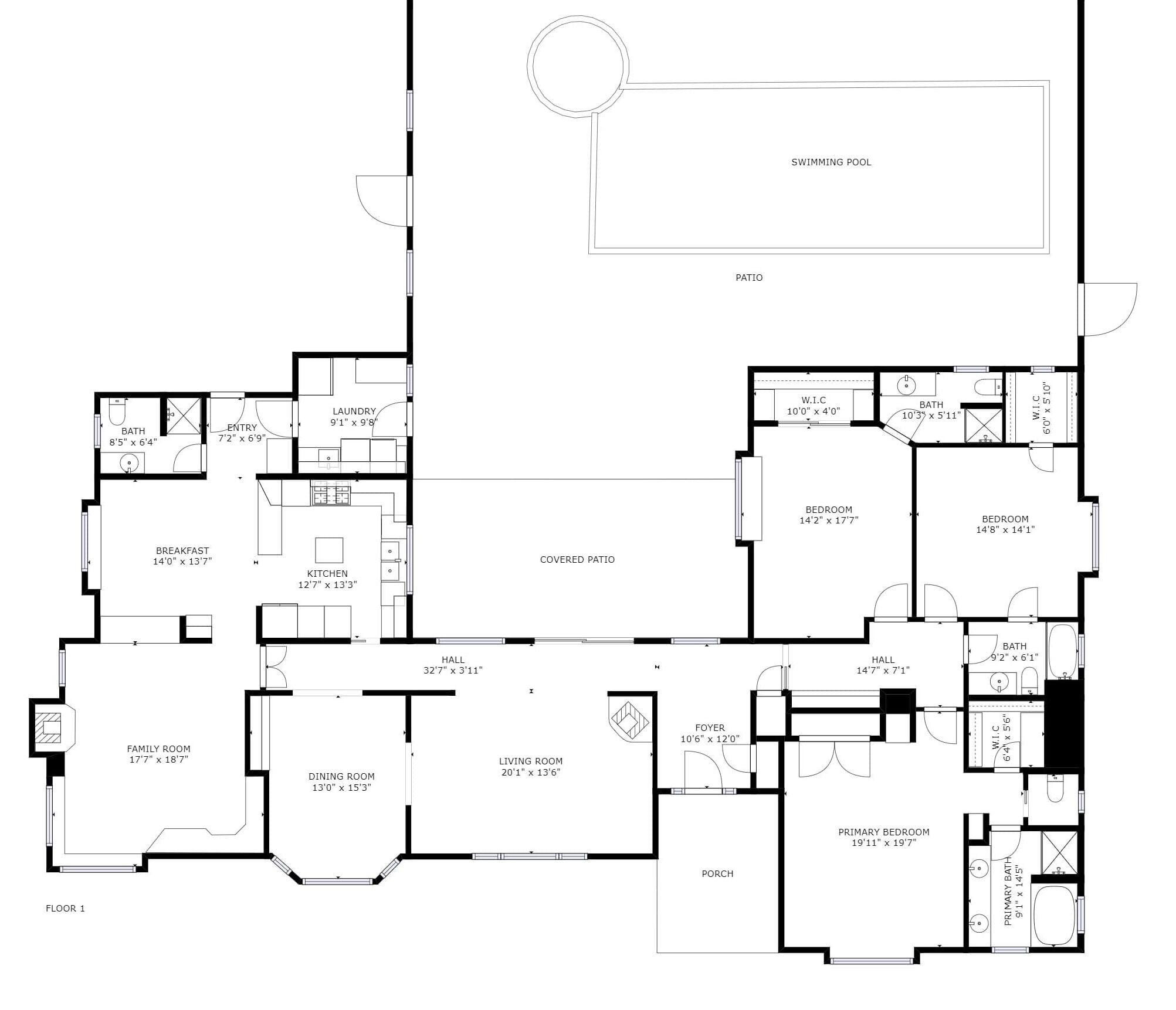 A floor plan of a hotel with a swimming pool, covered patio, and various rooms including bedrooms, a family room, dining room, kitchen, living room, and bathroom.
