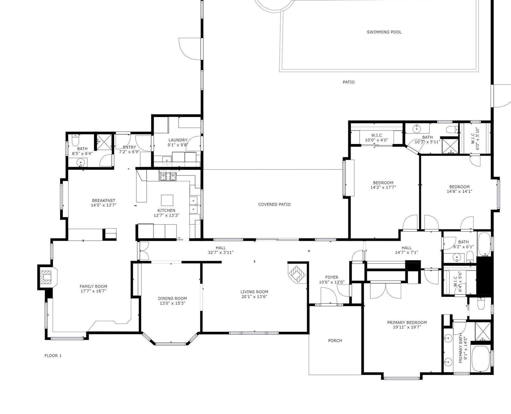 Un plan d’étage d’une maison comprenant une terrasse couverte, deux chambres, un salon, une salle à manger, une cuisine et une salle de bain.