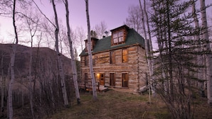 A log cabin with a green roof, surrounded by birch trees, and a small porch with a bench. - Condor by Avantstay Gorgeous Mountain Home w/ Hot Tub & Sauna (Vail)