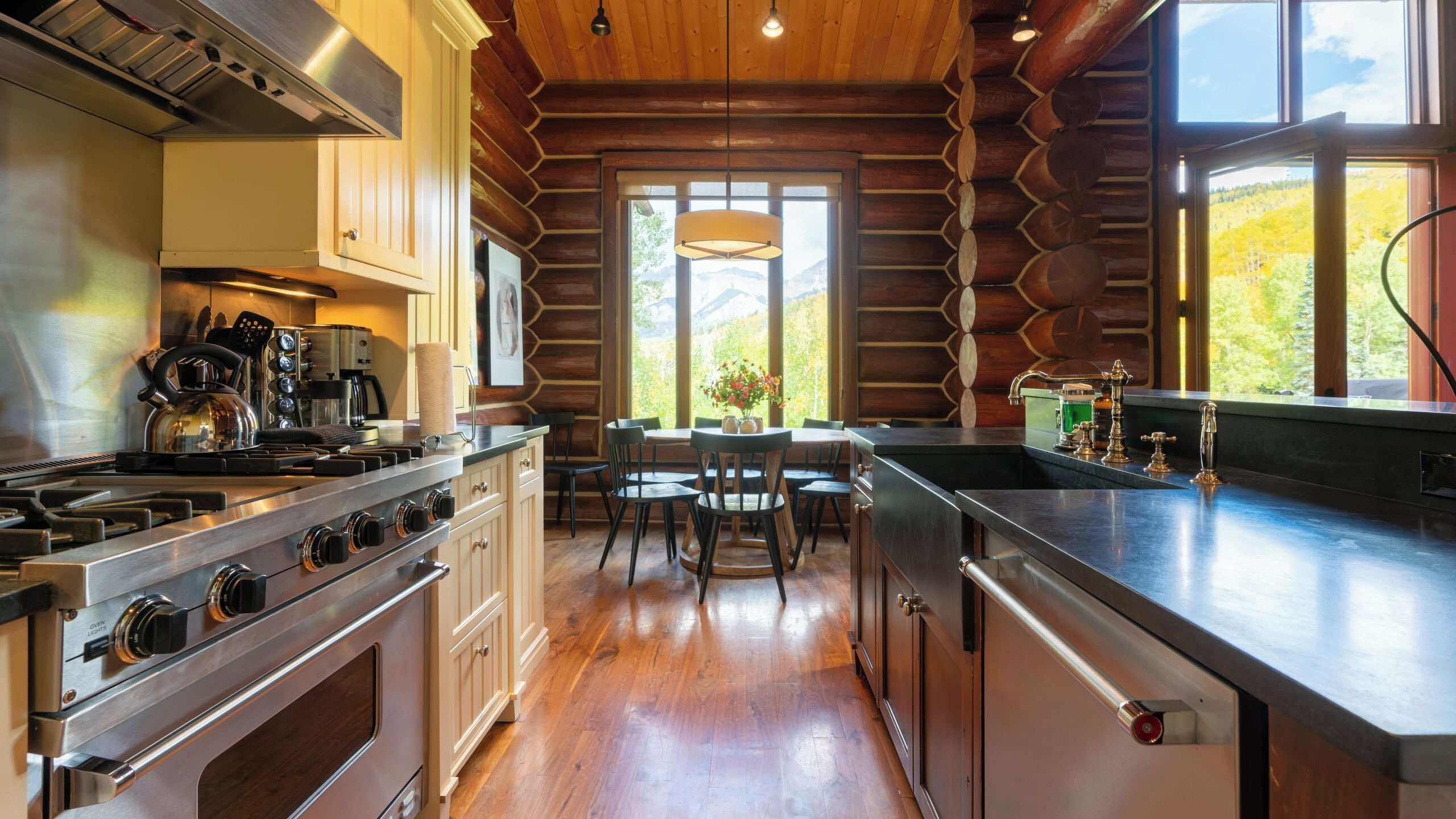 Cocina con estufa, horno y lavamanos, paredes de madera y ventanas amplias.