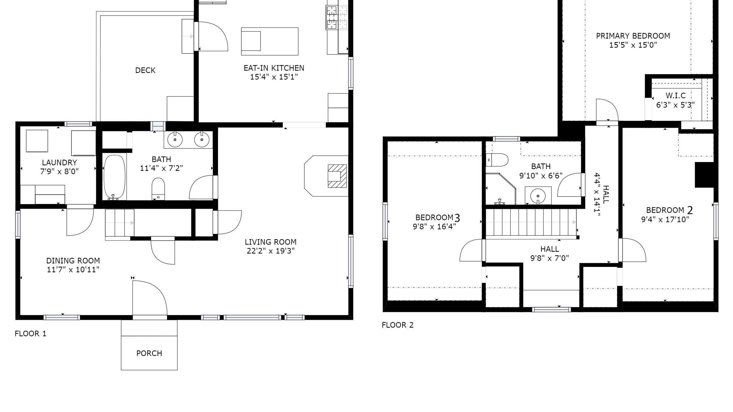 Plano de planta que muestra un comedor, una sala de estar, una cocina, dos dormitorios, un baño, un porche y un pasillo.