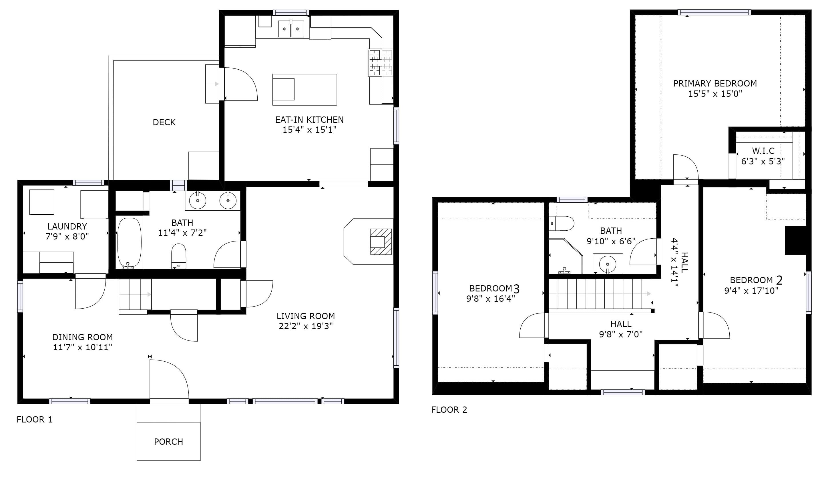 Un plan d’étage d’une maison à deux étages comprenant une salle à manger, un salon, une cuisine, deux chambres, une salle de bain, une véranda et un hall d’entrée.