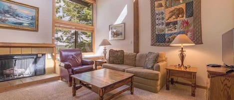 55-inch TV with digital channels, fireplace, streaming services