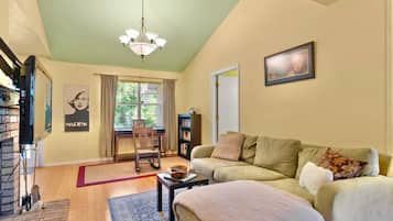 Smart TV, fireplace, books