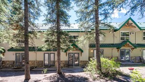 A lodge with a stone facade, green roof, and multiple windows. - The overlook stay  Free parking 35 (Harvie Heights)