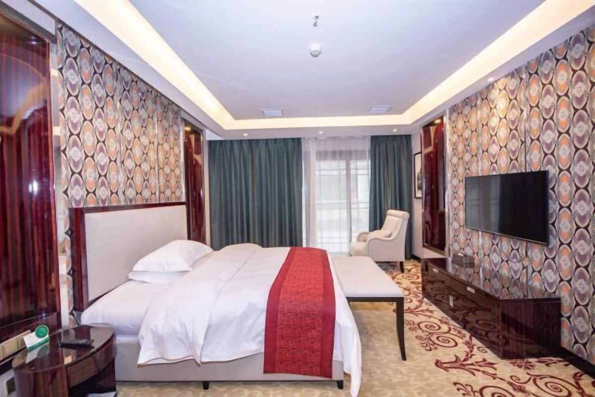 Habitació d'hotel amb un llit gran, televisió, escriptori i una cadira.