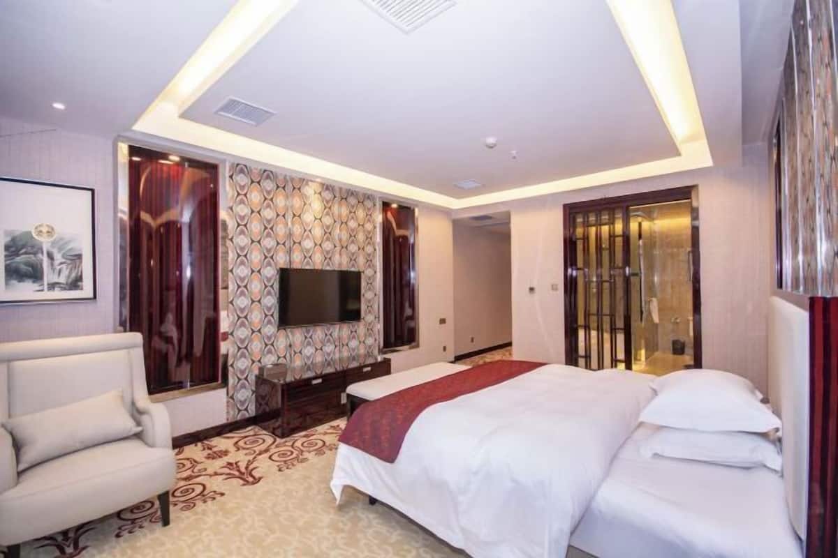 Habitació d'hotel amb llit, televisió, sofà i paper de paret estampat.