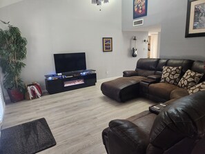 Smart TV, fireplace, video games, DVD player