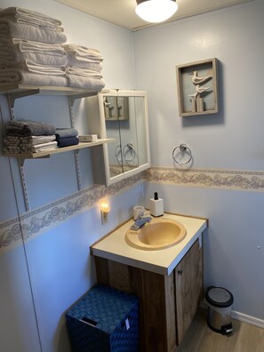 Duschwanne, Handtücher, Seife, Toilettenpapier