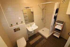 Regadera, secadora de cabello, toallas, papel de baño 