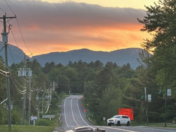 A road with a white SUV in the foreground, surrounded by greenery and power lines.