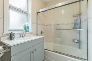 Hair dryer, towels, toilet paper