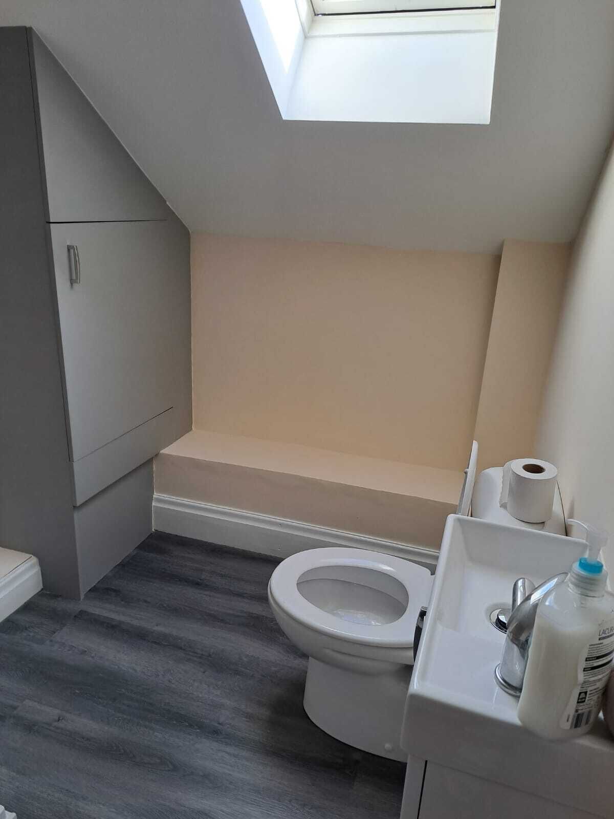 A compact bathroom with a skylight, a toilet, a small sink, and a storage cabinet.