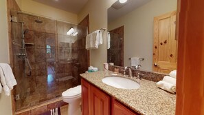 Shower, free toiletries, hair dryer, towels