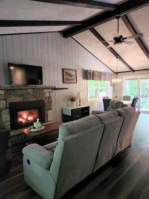 Smart TV, chimenea y libros