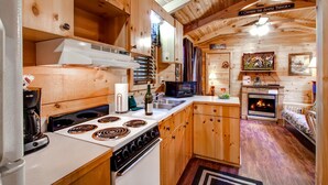 Een knus interieur van een chalet met houten wanden, een keuken met een fornuis en magnetron, een open haard en een televisie.