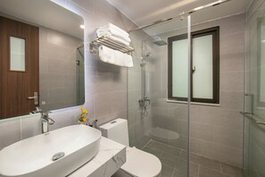 Une salle de bain moderne avec un grand lavabo, des toilettes et une douche à parois de verre.