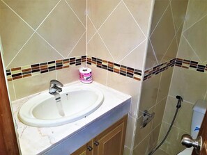 Une salle de bain avec un lavabo, des toilettes et une douche.