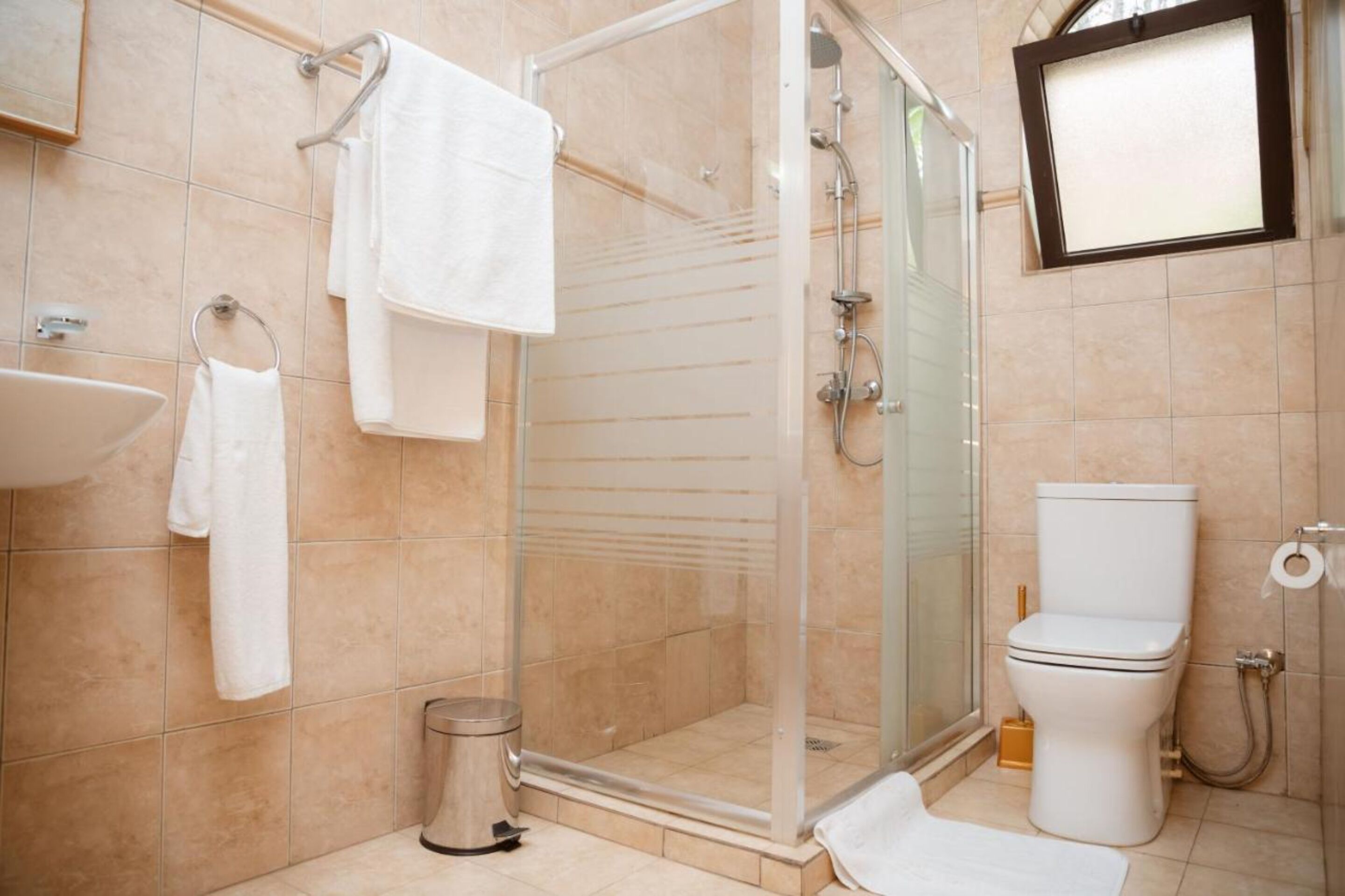 A modern bathroom with a glass-enclosed shower, a white sink, and a toilet.