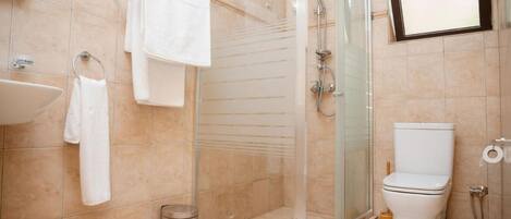 Une salle de bain moderne avec une douche à parois de verre, un lavabo blanc et des toilettes.