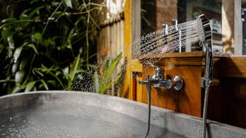 Separate tub and shower, rainfall showerhead, free toiletries