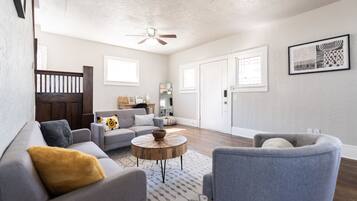 TV connectée, cheminée, livres