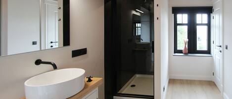 Shower, hair dryer, towels, toilet paper