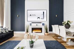 Smart TV, fireplace, video games, DVD player