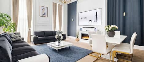Smart TV, fireplace, video games, books