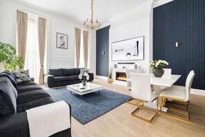 Smart TV, fireplace, video games, stereo