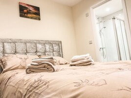 Un dormitorio con cama, cabecera, un cuadro y zona de ducha.