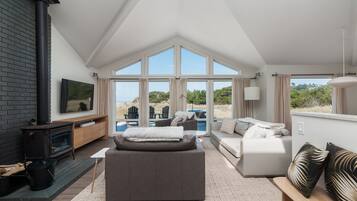 Smart TV, fireplace, books