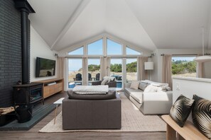 Smart TV, fireplace, books